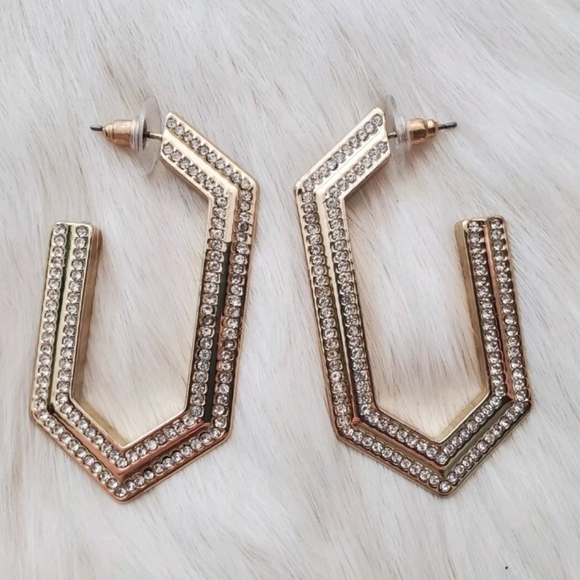 New Nine West Gold Tone Long Hex Hoop Clear White Rhinestone 2" Earrings - Picture 2 of 8
